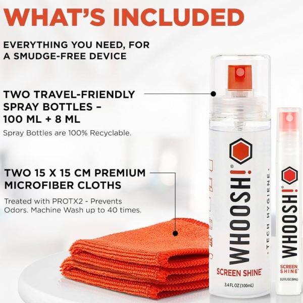 Kit Limpiador de Pantallas Whoosh Kit DUO WSH004/ Spray 100ml + Spray 8ml + 2 Paños Microfibra