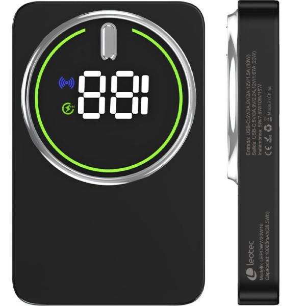 Powerbank 10000mAh Leotec LEPOWW20W10K/ 20W/ Wireless/ Negra/ Incluye Cable USB Tipo-C