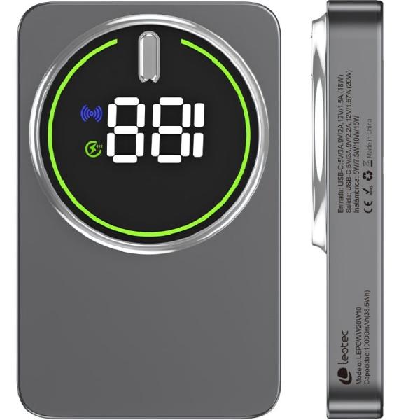 Powerbank 10000mAh Leotec LEPOWW20W10G/ 20W/ Wireless/ Gris/ Incluye Cable USB Tipo-C