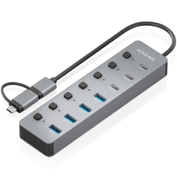 Hub USB Tipo-C + USB 3.1 Aisens ASUC-8P043-GR/ 4xUSB/ 3xUSB Tipo-C/ 1xUSB Tipo-C PD/ Gris