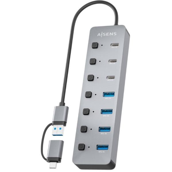 Hub USB Tipo-C + USB 3.1 Aisens ASUC-8P043-GR/ 4xUSB/ 3xUSB Tipo-C/ 1xUSB Tipo-C PD/ Gris