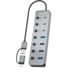 Hub USB Tipo-C + USB 3.1 Aisens ASUC-8P043-GR/ 4xUSB/ 3xUSB Tipo-C/ 1xUSB Tipo-C PD/ Gris