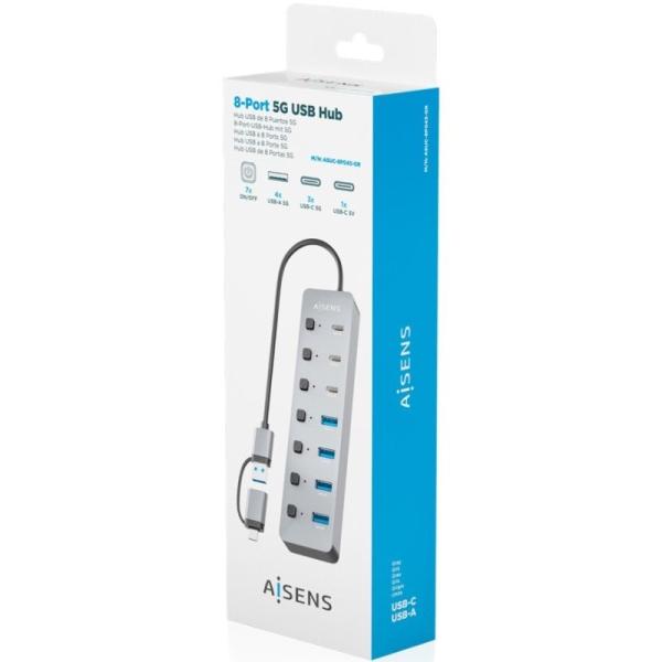 Hub USB Tipo-C + USB 3.1 Aisens ASUC-8P043-GR/ 4xUSB/ 3xUSB Tipo-C/ 1xUSB Tipo-C PD/ Gris