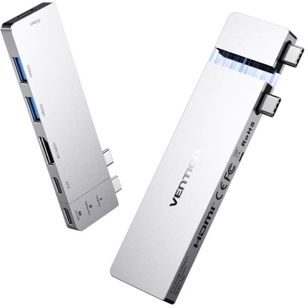 Docking USB Tipo-C Vention TPSHB/ 1xHDMI 4K/ 2xUSB/ 2xUSB Tipo-C/ 1xThunderBolt/ 1xUSB Tipo-C PD/ Gris
