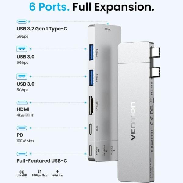 Docking USB Tipo-C Vention TPSHB/ 1xHDMI 4K/ 2xUSB/ 2xUSB Tipo-C/ 1xThunderBolt/ 1xUSB Tipo-C PD/ Gris