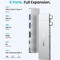 Docking USB Tipo-C Vention TPSHB/ 1xHDMI 4K/ 2xUSB/ 2xUSB Tipo-C/ 1xThunderBolt/ 1xUSB Tipo-C PD/ Gris