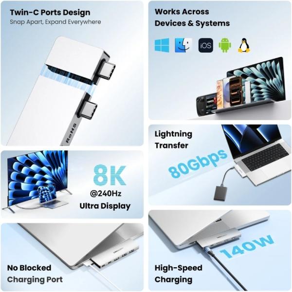 Docking USB Tipo-C Vention TPSHB/ 1xHDMI 4K/ 2xUSB/ 2xUSB Tipo-C/ 1xThunderBolt/ 1xUSB Tipo-C PD/ Gris