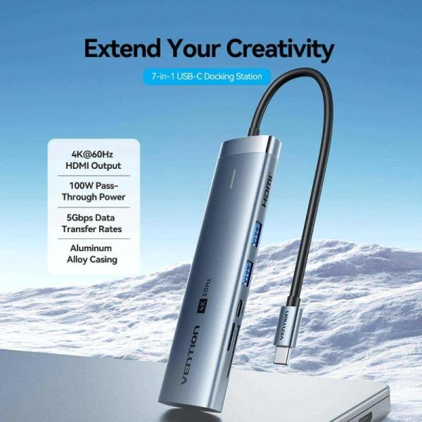 Docking USB Tipo-C Vention TPSHB/ 1xHDMI 4K/ 2xUSB/ 2xUSB Tipo-C/ 1xRJ45/ 1xUSB Tipo-C PD/ 1xLector Tarjetas/ Gris