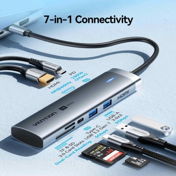 Docking USB Tipo-C Vention TPSHB/ 1xHDMI 4K/ 2xUSB/ 2xUSB Tipo-C/ 1xRJ45/ 1xUSB Tipo-C PD/ 1xLector Tarjetas/ Gris