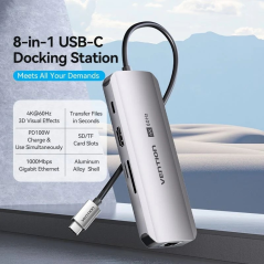 Docking USB Tipo-C Vention TQKHB/ 1xHDMI 4K/ 3xUSB/ 1xUSB Tipo-C PD/ 1xRJ45/ 1xLector de Tarjetas/ Gris