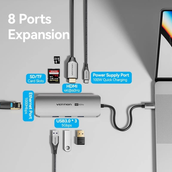 Docking USB Tipo-C Vention TQKHB/ 1xHDMI 4K/ 3xUSB/ 1xUSB Tipo-C PD/ 1xRJ45/ 1xLector de Tarjetas/ Gris