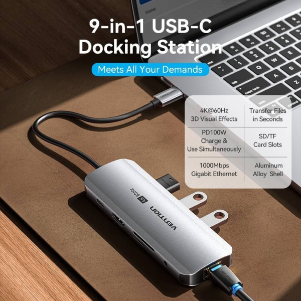 Docking USB Tipo-C Vention TQLHB/ 1xHDMI 4K/ 3xUSB/ 1xUSB Tipo-C PD/ 1xRJ45/ 1xJack 3.5mm/ 1xLector de Tarjetas/ Gris