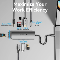 Docking USB Tipo-C Vention TQLHB/ 1xHDMI 4K/ 3xUSB/ 1xUSB Tipo-C PD/ 1xRJ45/ 1xJack 3.5mm/ 1xLector de Tarjetas/ Gris