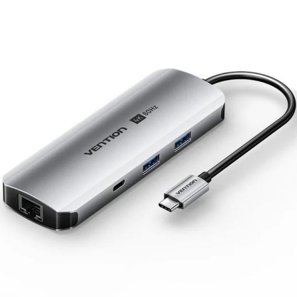 Docking USB Tipo-C Vention TQMHB/ 1xHDMI 4K/ 2xUSB/ 1xUSB Tipo-C/ 1xJack 3.5mm / 1xRJ45/ 1xUSB Tipo-C PD/ 1xLector Tarjetas/ Gri