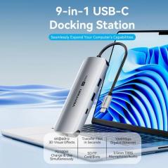 Docking USB Tipo-C Vention TQMHB/ 1xHDMI 4K/ 2xUSB/ 1xUSB Tipo-C/ 1xJack 3.5mm / 1xRJ45/ 1xUSB Tipo-C PD/ 1xLector Tarjetas/ Gri