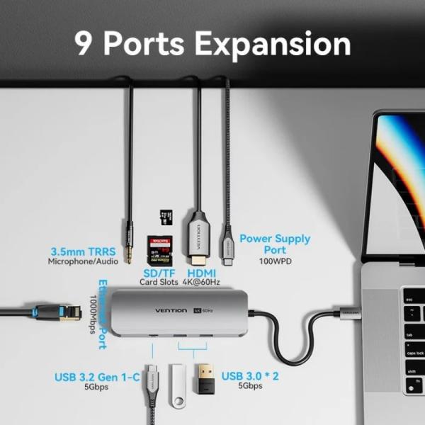 Docking USB Tipo-C Vention TQMHB/ 1xHDMI 4K/ 2xUSB/ 1xUSB Tipo-C/ 1xJack 3.5mm / 1xRJ45/ 1xUSB Tipo-C PD/ 1xLector Tarjetas/ Gri