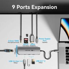 Docking USB Tipo-C Vention TQMHB/ 1xHDMI 4K/ 2xUSB/ 1xUSB Tipo-C/ 1xJack 3.5mm / 1xRJ45/ 1xUSB Tipo-C PD/ 1xLector Tarjetas/ Gri