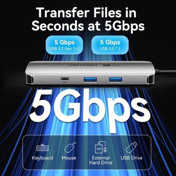 Docking USB Tipo-C Vention TQMHB/ 1xHDMI 4K/ 2xUSB/ 1xUSB Tipo-C/ 1xJack 3.5mm / 1xRJ45/ 1xUSB Tipo-C PD/ 1xLector Tarjetas/ Gri
