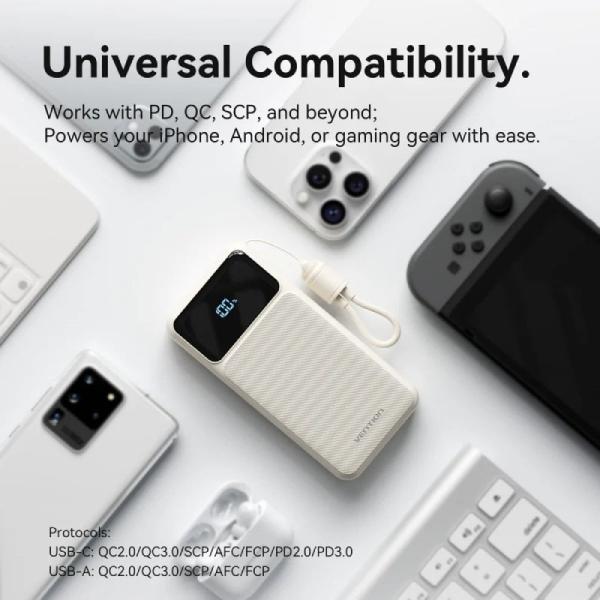 Powerbank 10000mAh Vention XGYW0-39-TY/ 22.5W/ Blanca/ Incluye Cable USB Tipo-C