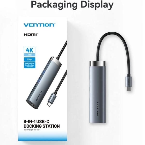 Docking USB Tipo-C Vention THJHB/ 1xHDMI 4K/ 2xUSB/ 1xUSB Tipo-C PD/ Gris