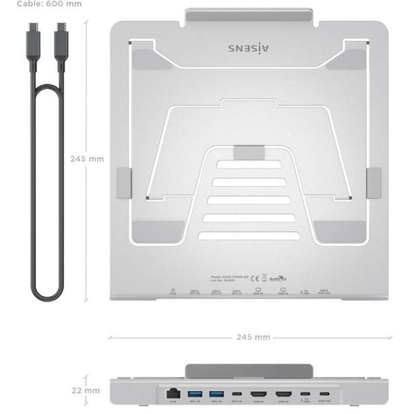 Soporte de Sobremesa - Docking USB Tipo-C Aisens ASUC-7P046-GR/ 2xUSB/ 1xUSB Tipo-C/ 2xHDMI/ 1xRJ45/ 1xUSB Tipo-C PD/ Gris