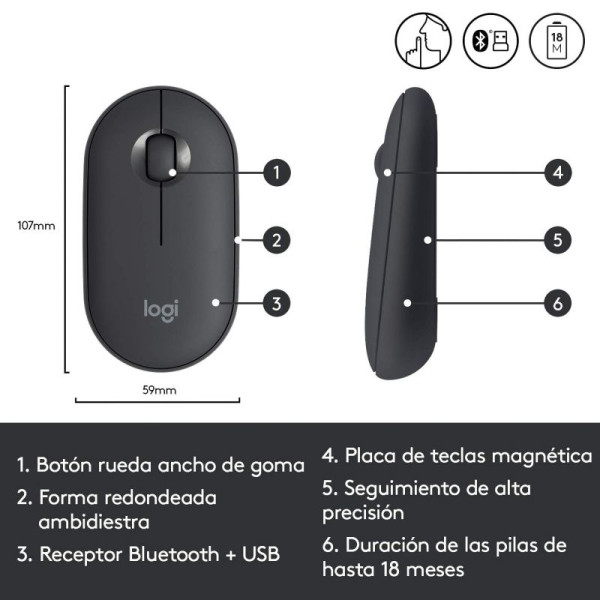 Ratón Inalámbrico por Bluetooth/ 2.4GHz Logitech Pebble M350/ Hasta 1000 DPI - Imagen 3