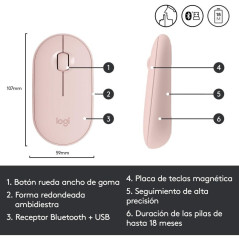 Ratón Inalámbrico por Bluetooth/ 2.4GHz Logitech Pebble M350/ Hasta 1000 DPI/ Rosa - Imagen 3