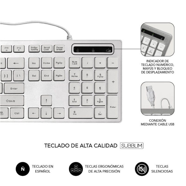 Teclado y Ratón Subblim Combo Wired Ergo Keys Silent Flat HQ/ Plata y Blanco - Imagen 3