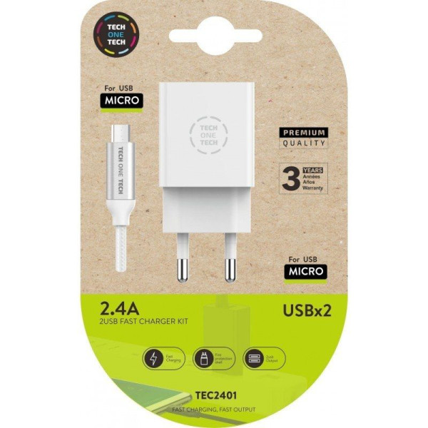 Cargador de Pared Tech One Tech TEC2401/ 2xUSB + Cable Micro USB/ 2.4A/ Blanco - Imagen 1