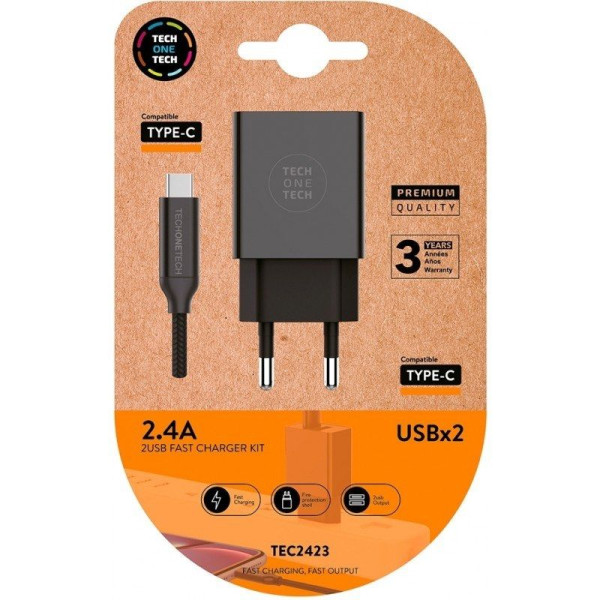 Cargador de Pared Tech One Tech TEC2423/ 2xUSB + Cable USB Tipo-C/ 2.4A/ Negro - Imagen 1