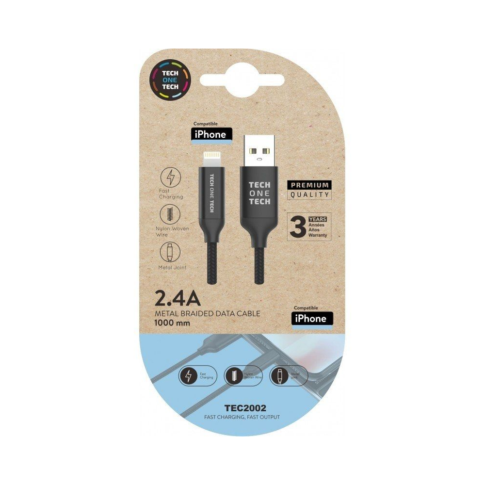 Cable USB 2.0 Tech One Tech TEC2002/ USB Macho - Lightning Macho/ 1m/ Negro - Imagen 1
