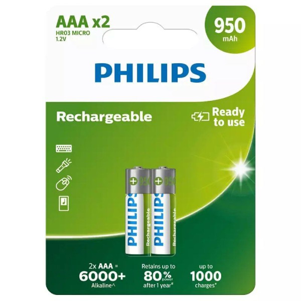 Pack de 2 Pilas AAA Philips R03B2A95/10/ 1.2V/ Recargables - Imagen 1