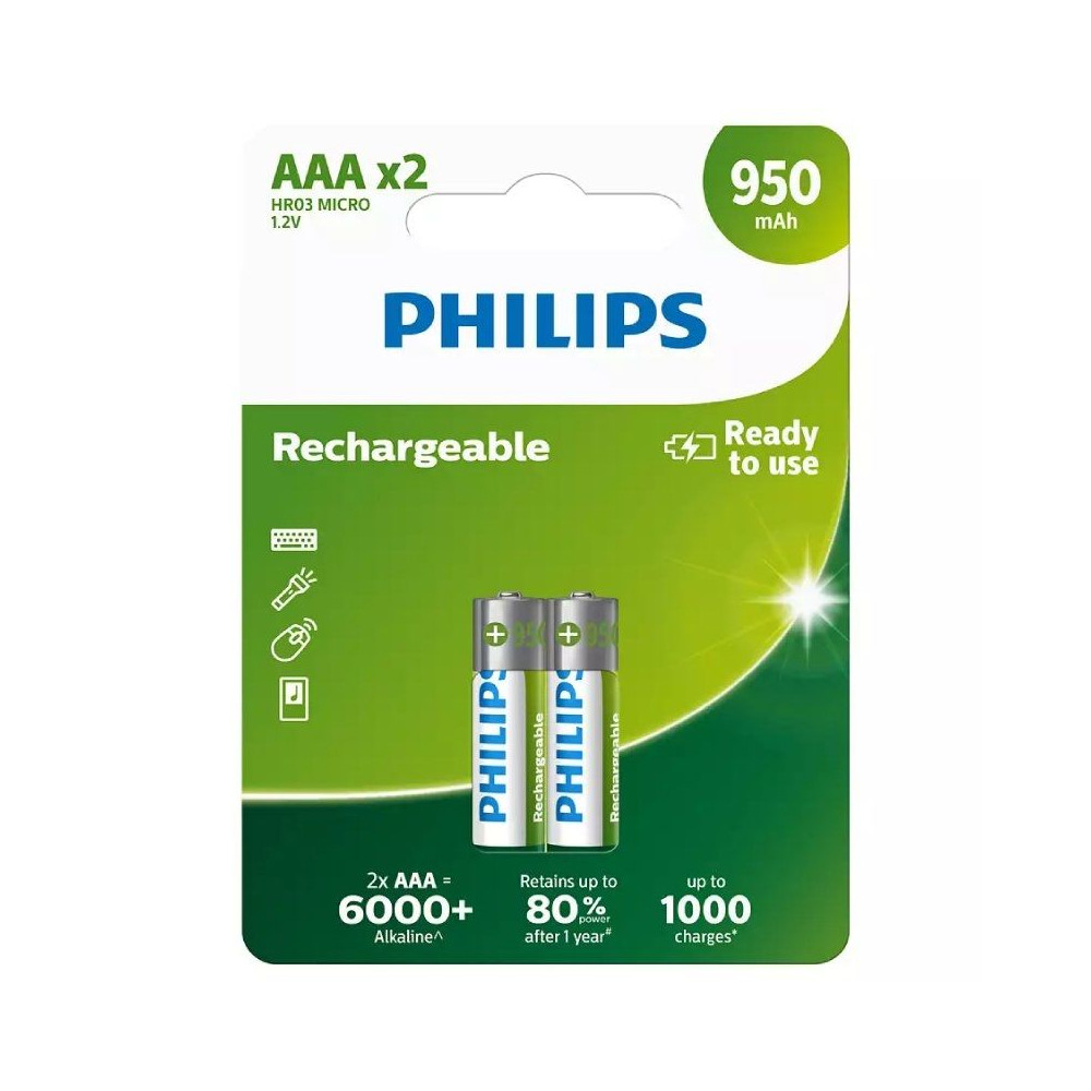Pack de 2 Pilas AAA Philips R03B2A95/10/ 1.2V/ Recargables - Imagen 1