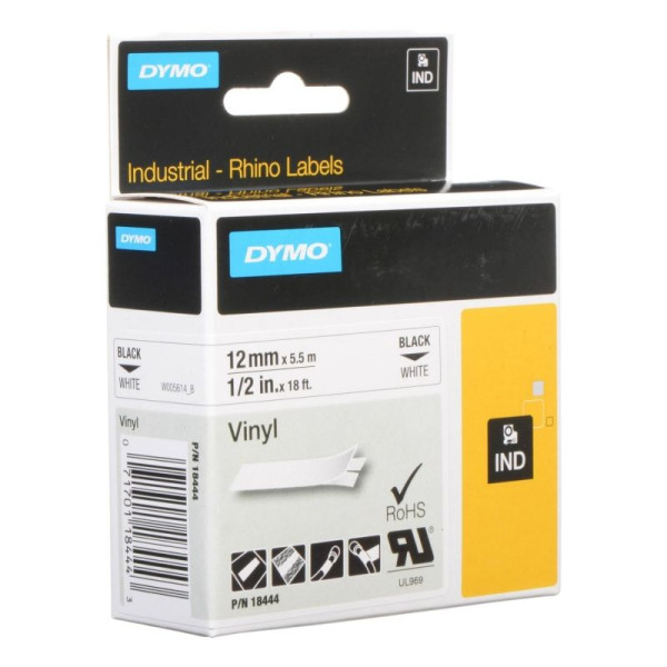 Cinta Rotuladora Adhesiva de Plástico Dymo 18444/ para Rhino Labels/ 12mm x 5m/ Negra-Blanca - Imagen 1