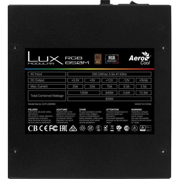 Fuente de Alimentación Aerocool LUX RGB 850M/ 850W/ Ventilador 12cm/ 80 Plus Bronze - Imagen 3