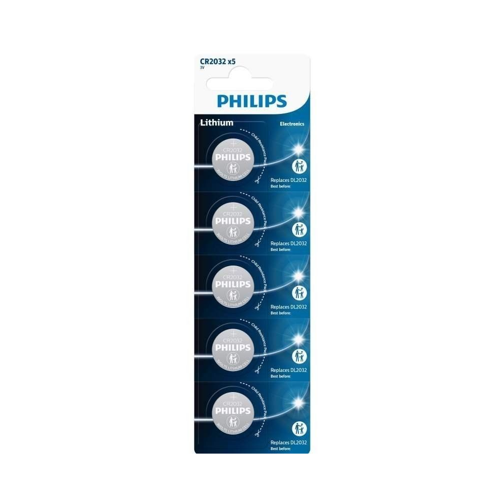 Pack de 5 Pilas de Botón Philips CR2032P5/01B Lithium/ 3V