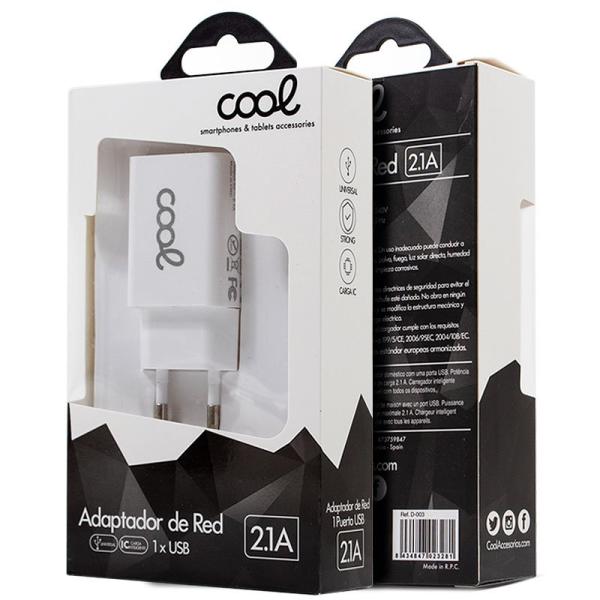 Cargador Red Universal Entrada 1 x USB COOL 2.1 Amperios Blanco