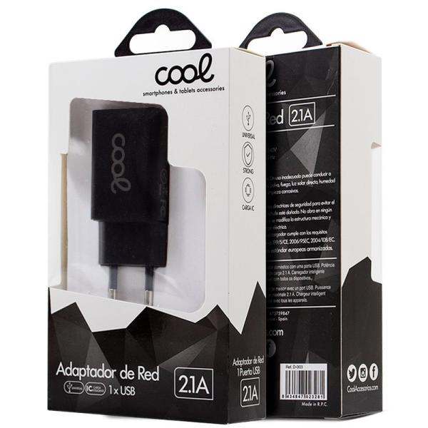 Cargador Red Universal Entrada 1 x USB COOL 2.1 Amperios Negro