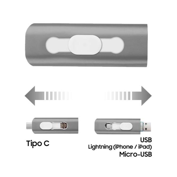 Pen Drive USB x32 GB COOL (3 En 1) Lightning / Tipo-C / Micro-USB Gris