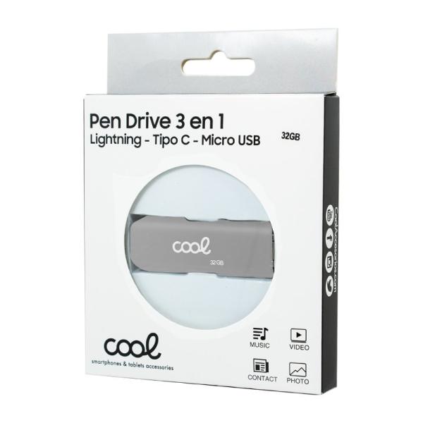 Pen Drive USB x32 GB COOL (3 En 1) Lightning / Tipo-C / Micro-USB Gris
