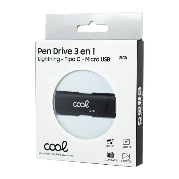 Pen Drive USB x32 GB COOL (3 en 1) Lightning / Tipo-C / Micro-USB Negro