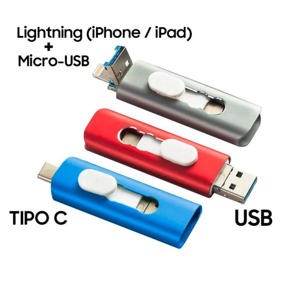 Pen Drive USB x32 GB COOL (3 en 1) Lightning / Tipo-C / Micro-USB Negro