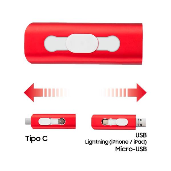 Pen Drive USB x32 GB COOL (3 en 1) Lightning / Tipo-C / Micro-USB Rojo