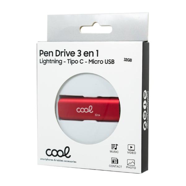 Pen Drive USB x32 GB COOL (3 en 1) Lightning / Tipo-C / Micro-USB Rojo